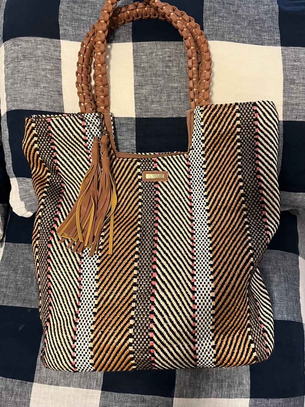 Woven Stripe Tote with Braided Handles and Tassel - Tan, Black & Cream